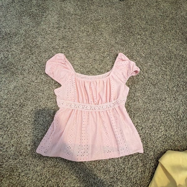 SHEIN Pink Eyelet Puff Sleeve Babydoll Peplum Top