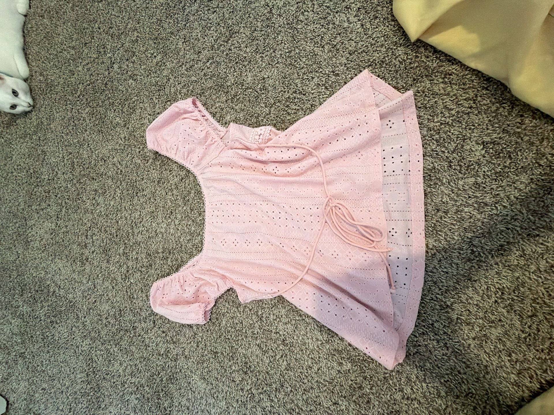 SHEIN Pink Eyelet Puff Sleeve Babydoll Peplum Top 4