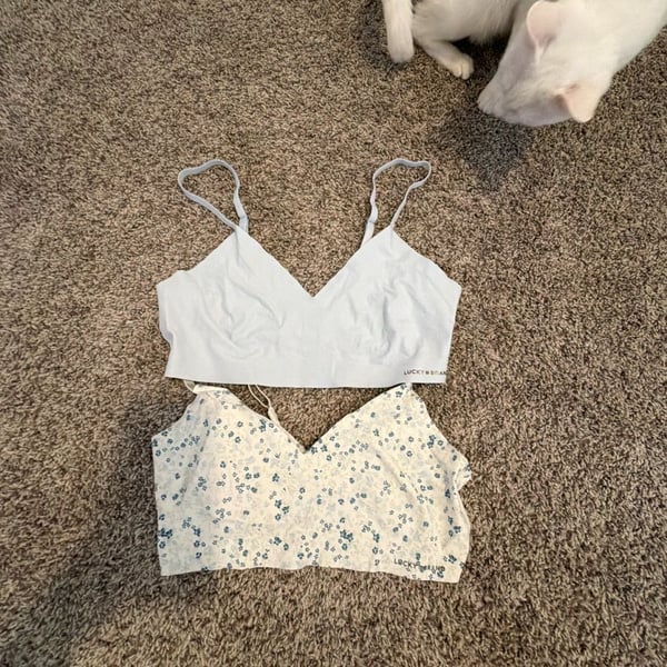 Lucky Brand Seamless V-Neck Bralette Set - Blue Solid and Blue Floral 2-Pack