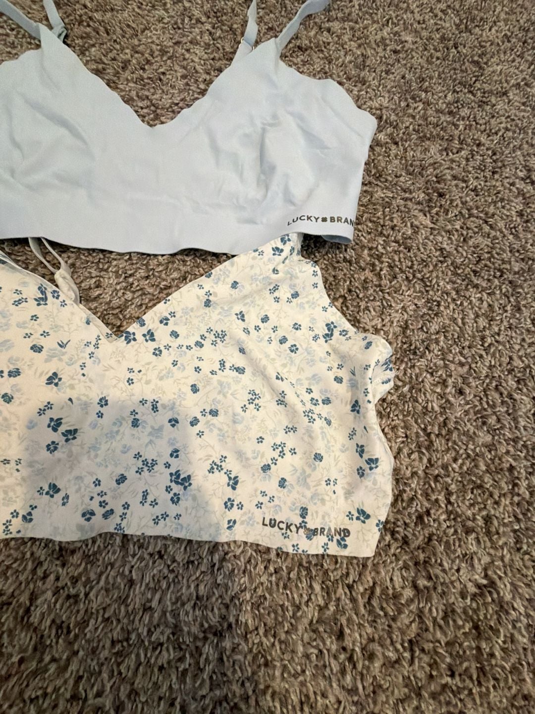 Lucky Brand Seamless V-Neck Bralette Set - Blue Solid and Blue Floral 2-Pack 2