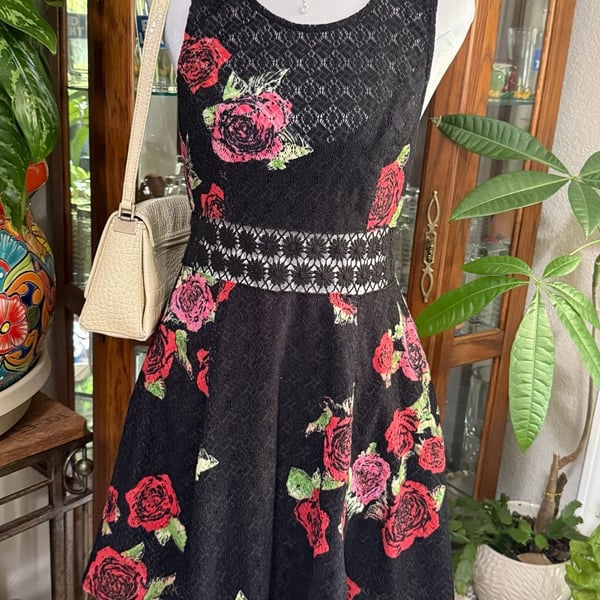 Free People Boho Black Embroidered Floral Mini Dress