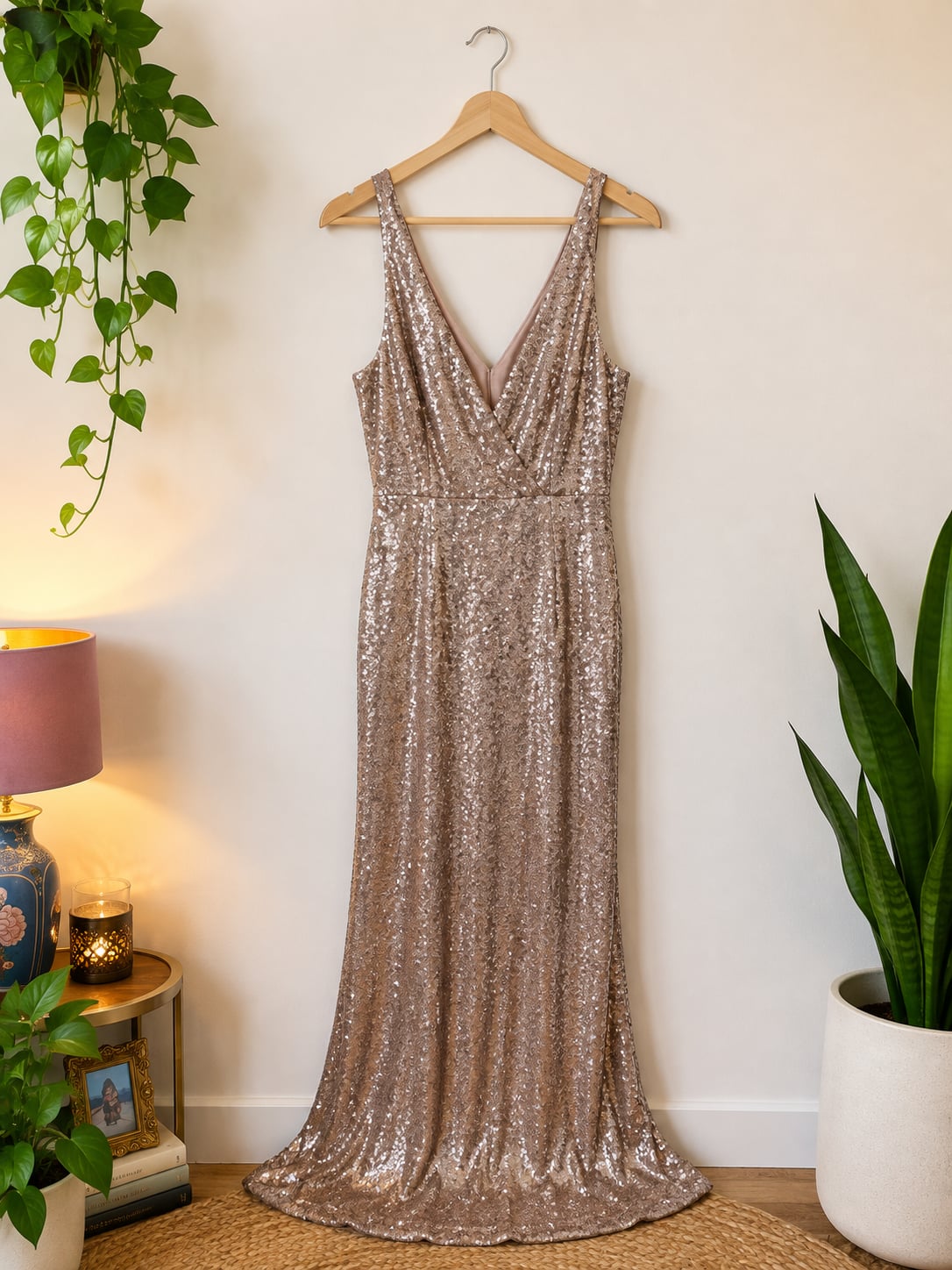 Lulus Gold Sequin V-Neck Maxi Formal Evening Dress Size Medium 2