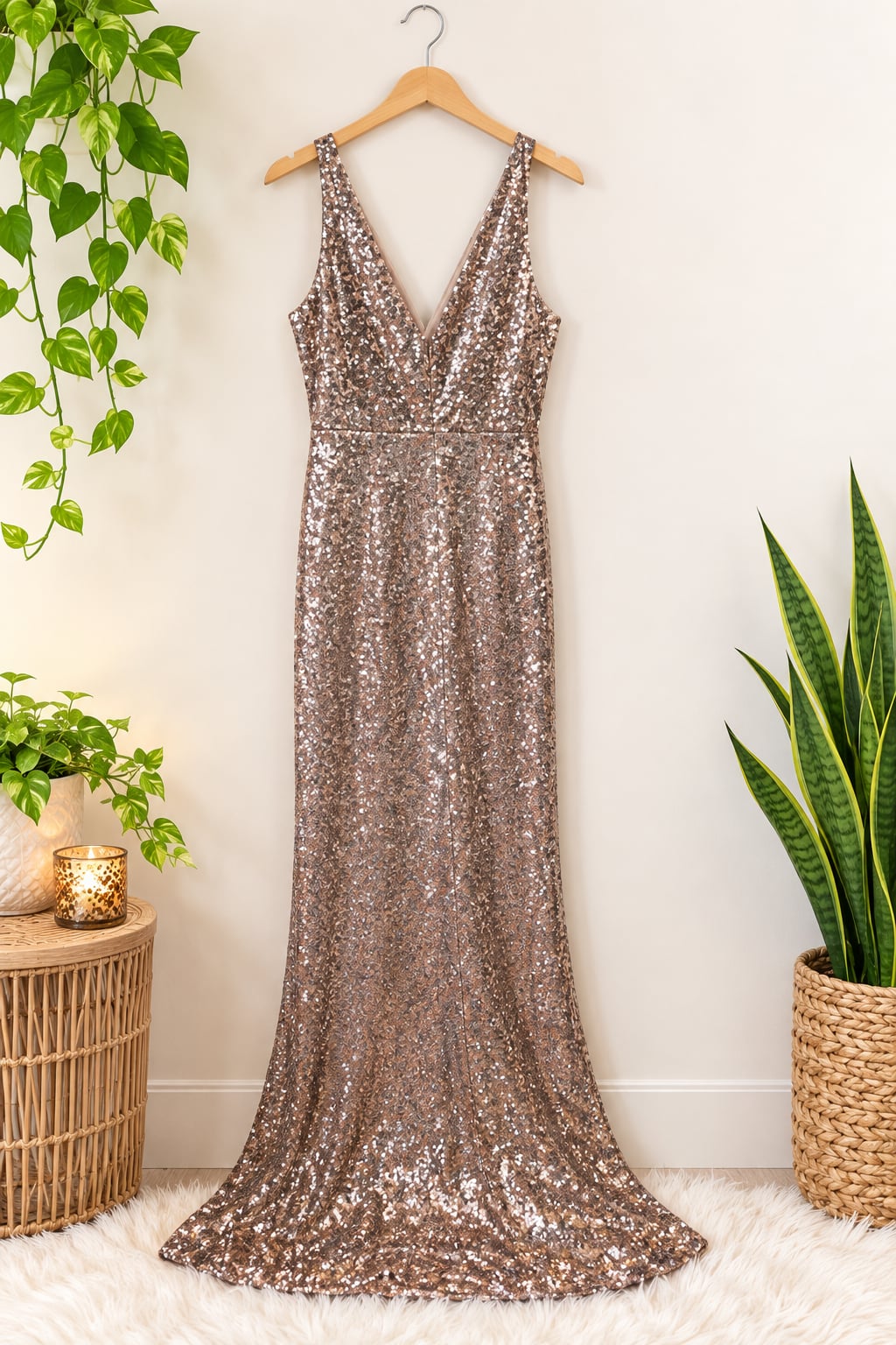 Lulus Gold Sequin V-Neck Maxi Formal Evening Dress Size Medium 3