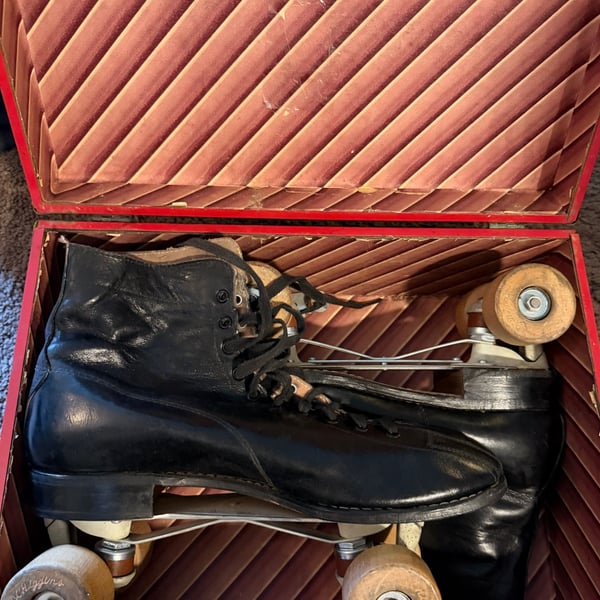 Vintage 1950s J.C. Higgins Roller Skates w/ Original Wood Wheels & Metal Case