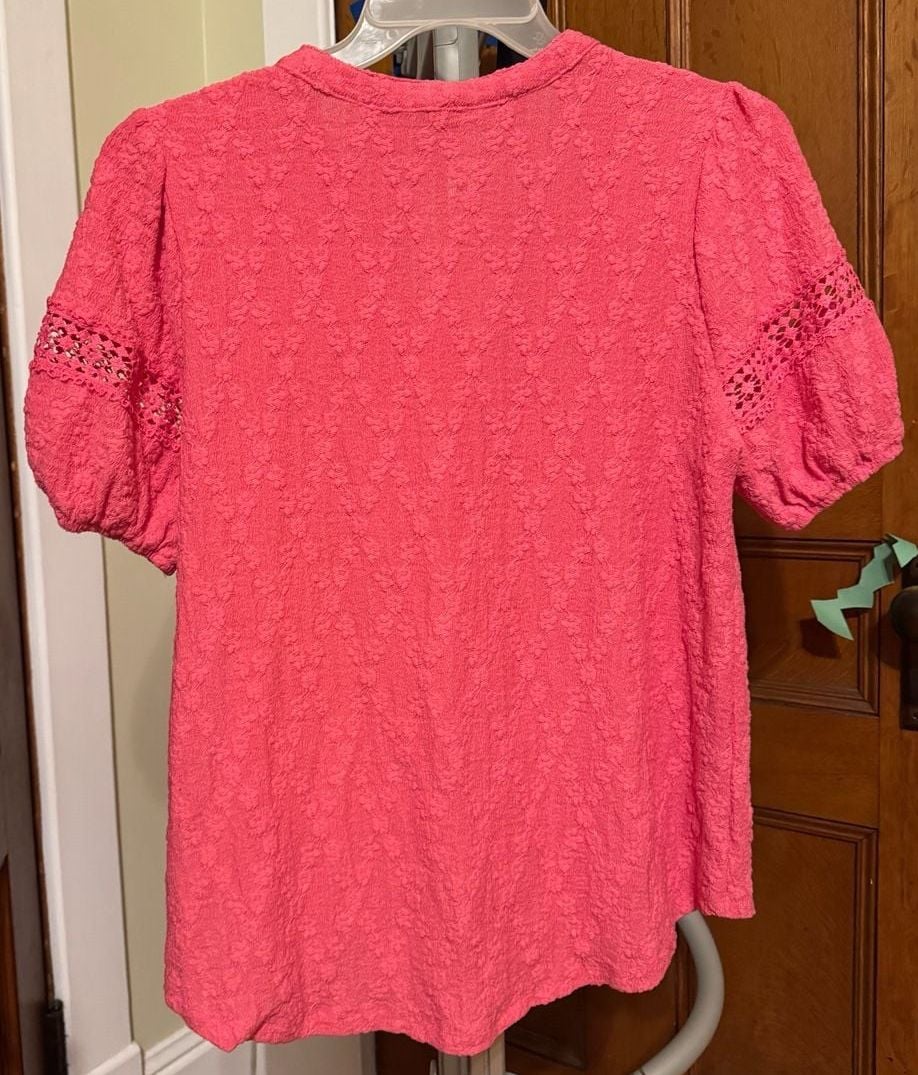 Como Blu Women's Pink Textured Short Puff Sleeve Henley Blouse Size PXL 3