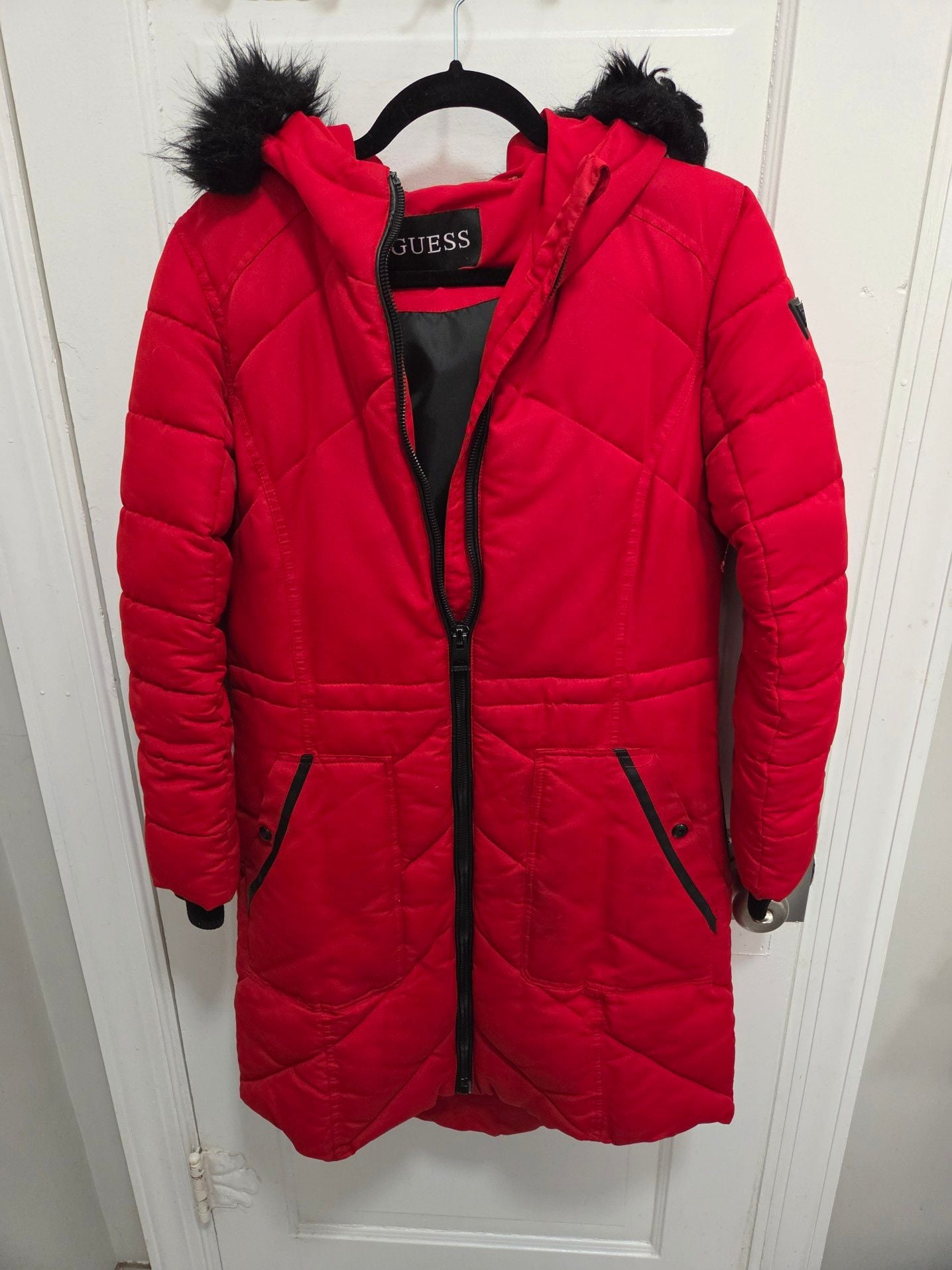 GUESS Red Puffer Winter Coat Jacket with Faux Fur Hood Size M 2
