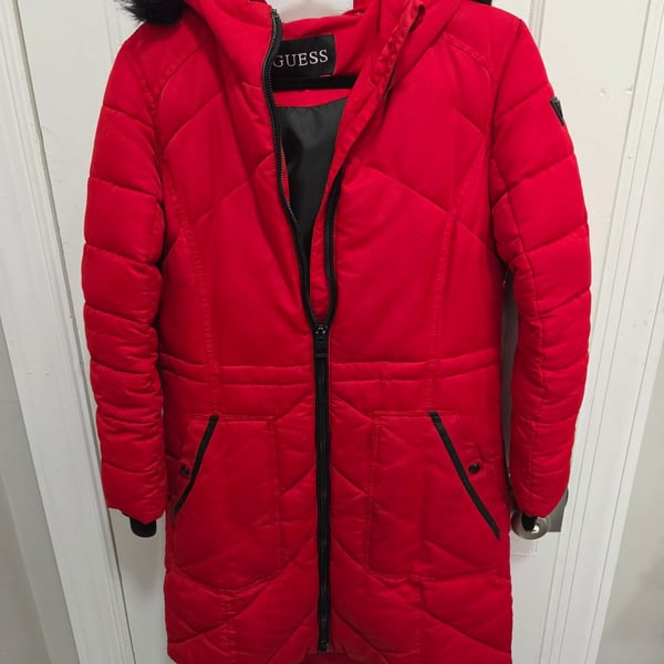 GUESS Red Puffer Winter Coat Jacket with Faux Fur Hood Size M