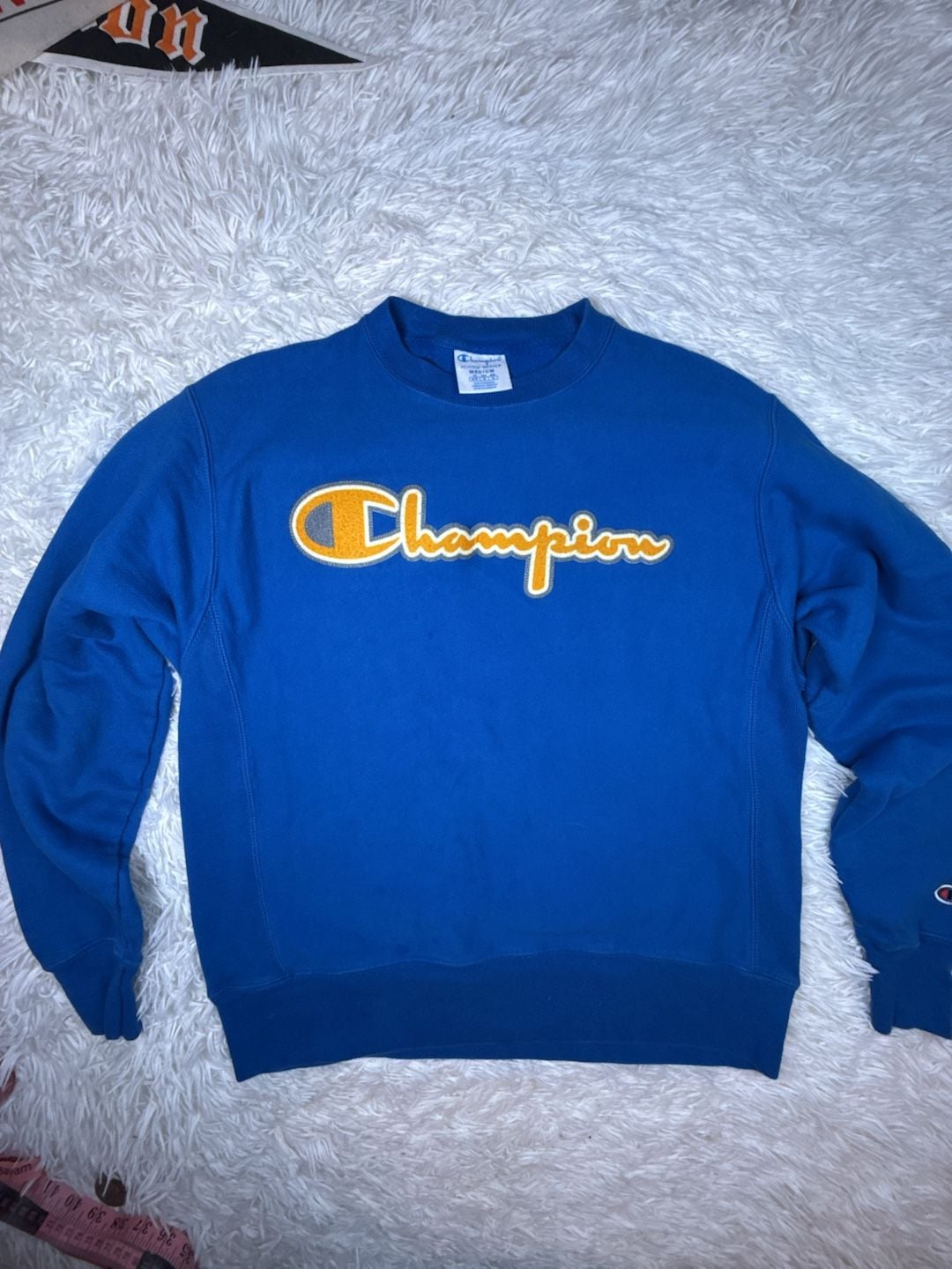 Champion Reverse Weave Script Logo Crewneck Sweatshirt Blue Yellow Size Medium 2