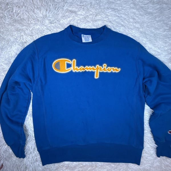 Champion Reverse Weave Script Logo Crewneck Sweatshirt Blue Yellow Size Medium
