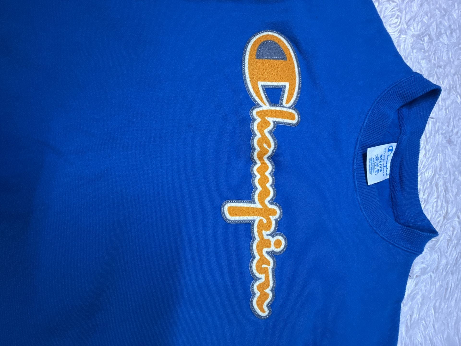 Champion Reverse Weave Script Logo Crewneck Sweatshirt Blue Yellow Size Medium 5