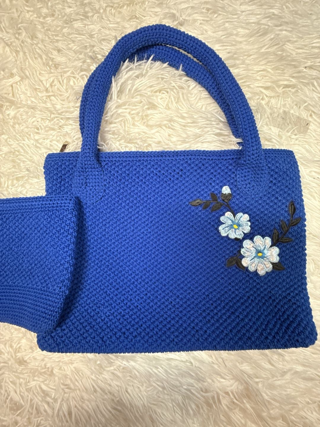 Blue Crochet Tote Bag with Floral Embroidery and Matching Pouch 1
