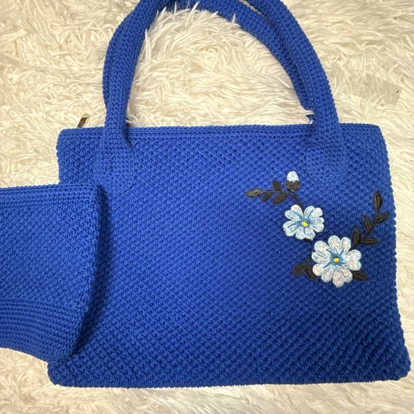 Blue Crochet Tote Bag with Floral Embroidery and Matching Pouch