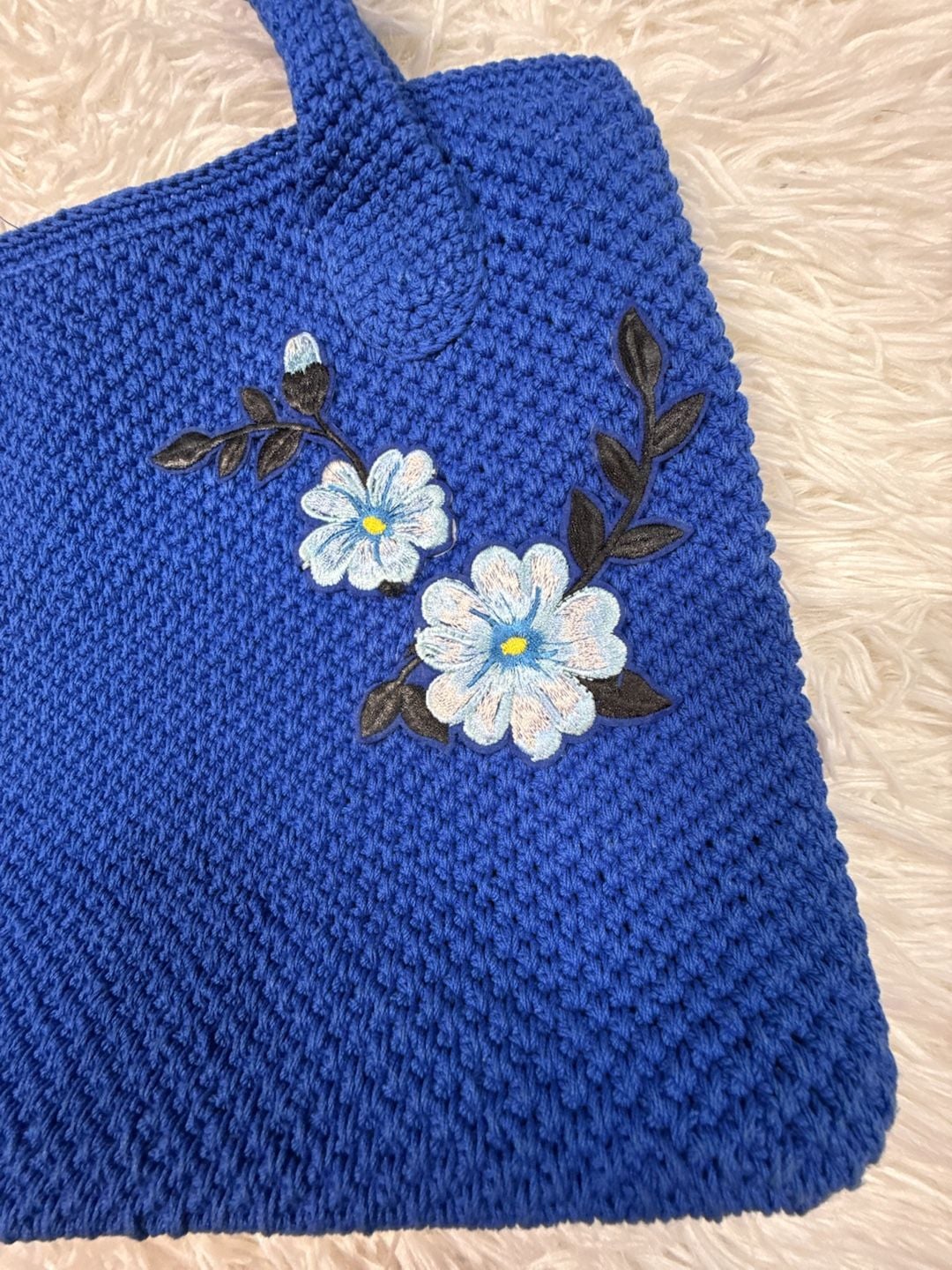 Blue Crochet Tote Bag with Floral Embroidery and Matching Pouch 2
