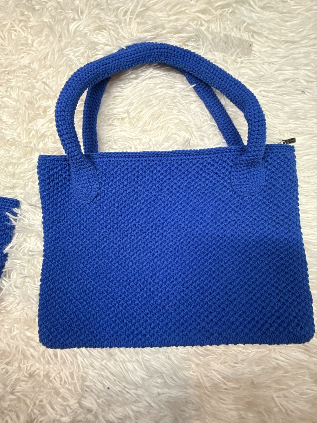 Blue Crochet Tote Bag with Floral Embroidery and Matching Pouch 4