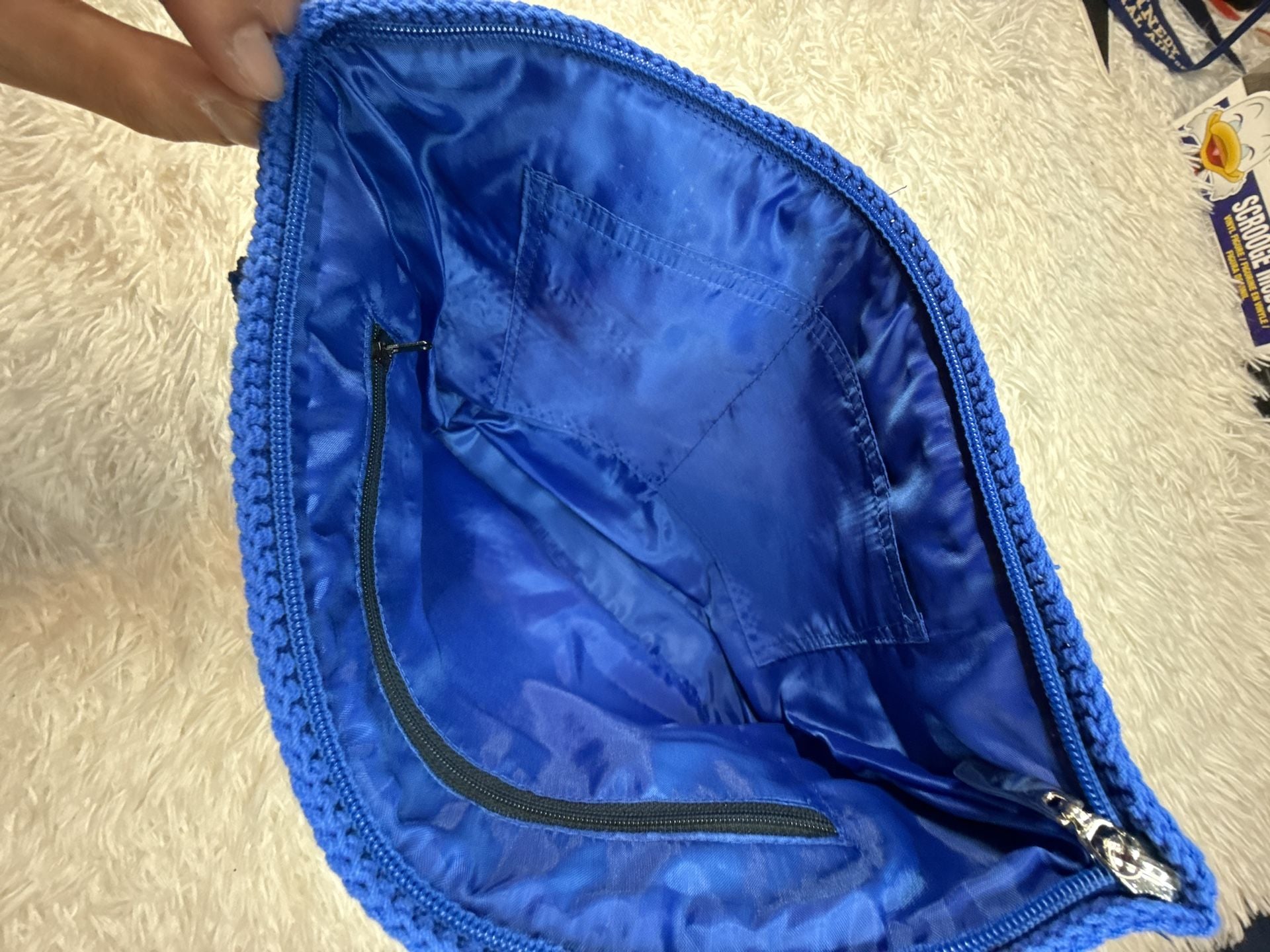 Blue Crochet Tote Bag with Floral Embroidery and Matching Pouch 6