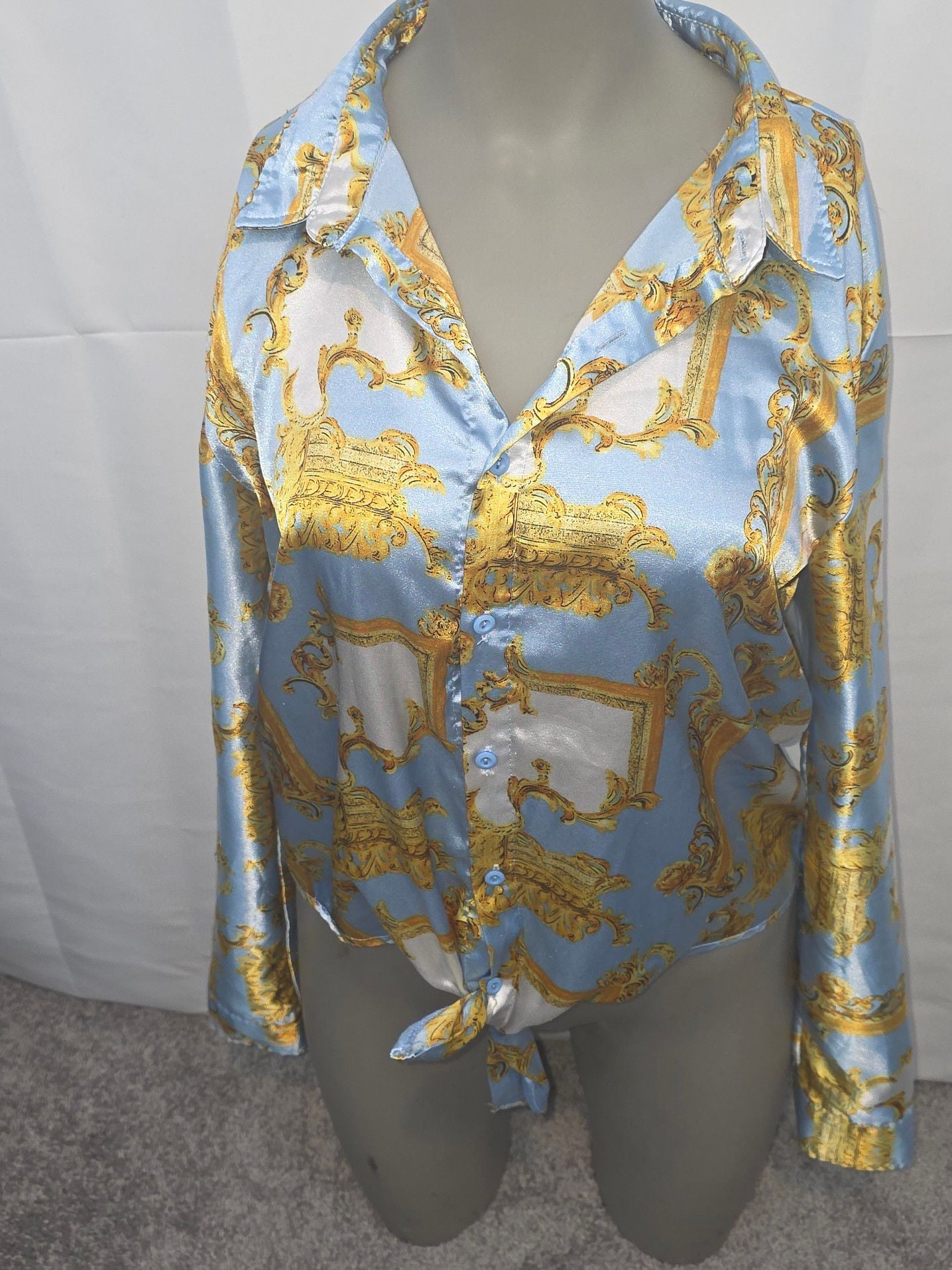 Birch and Stone Long Sleeve Button Up Satin Shirt Top Blue Gold Baroque Print Style 65147CR 2