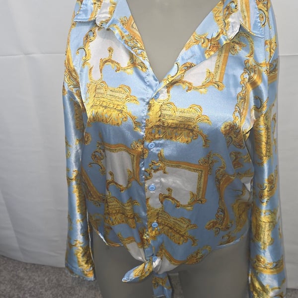 Birch and Stone Long Sleeve Button Up Satin Shirt Top Blue Gold Baroque Print Style 65147CR