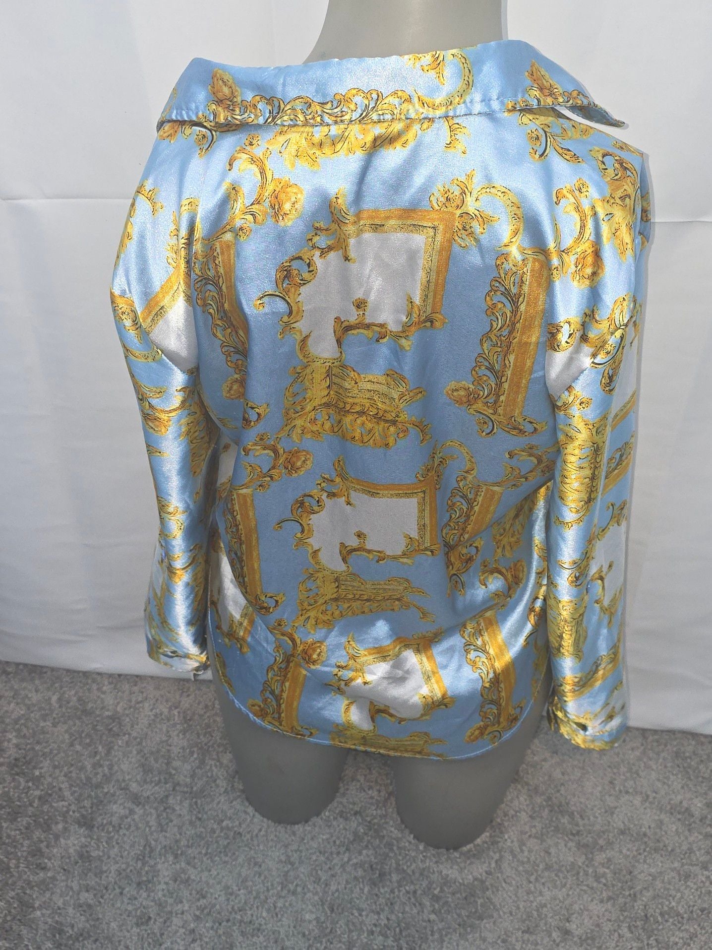 Birch and Stone Long Sleeve Button Up Satin Shirt Top Blue Gold Baroque Print Style 65147CR 4
