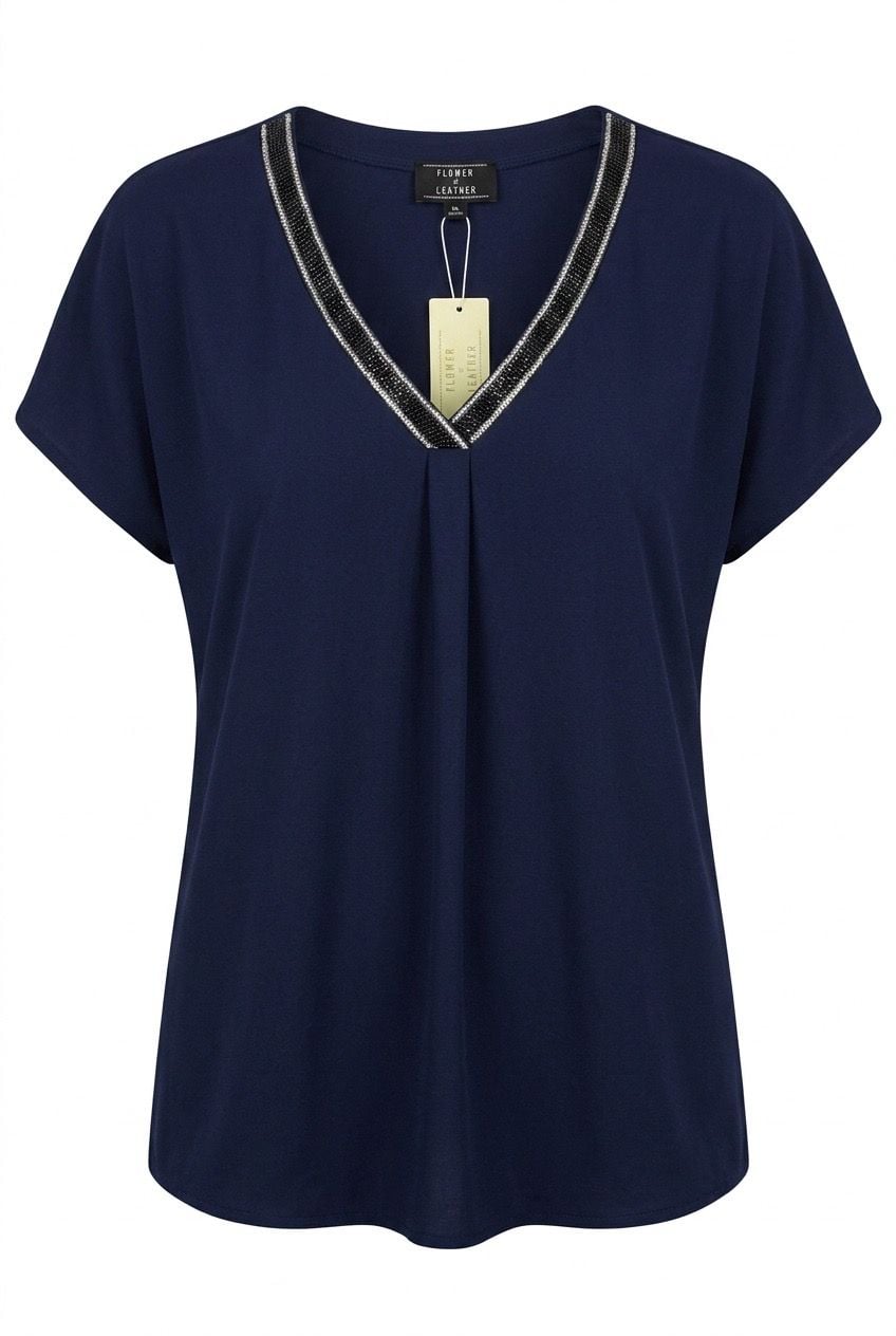Flower & Feather Navy Blue V-Neck Short Sleeve Blouse with Rhinestone Trim XL
2
