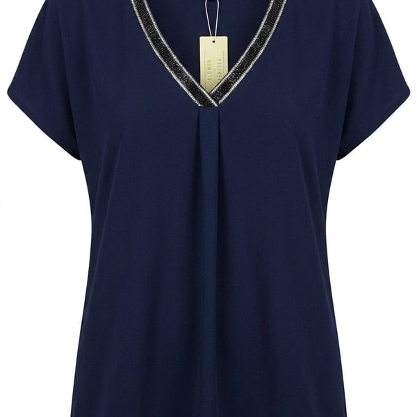 Flower & Feather Navy Blue V-Neck Short Sleeve Blouse with Rhinestone Trim XL