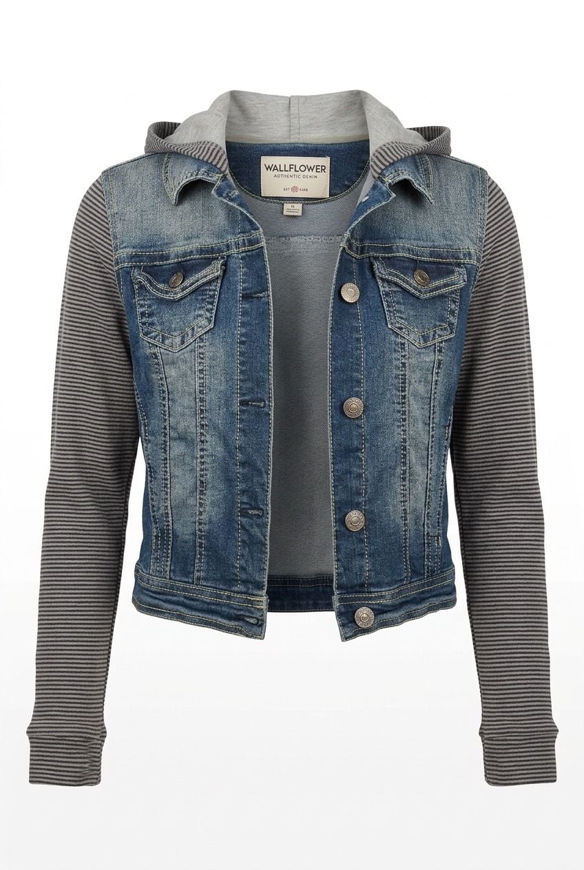 WallFlower Denim Jacket with Striped Knit Sleeves and Hood XS 2