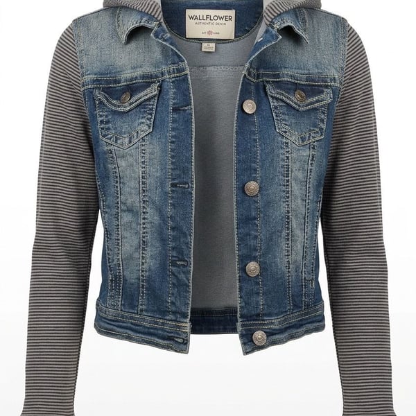 WallFlower Denim Jacket with Striped Knit Sleeves and Hood XS