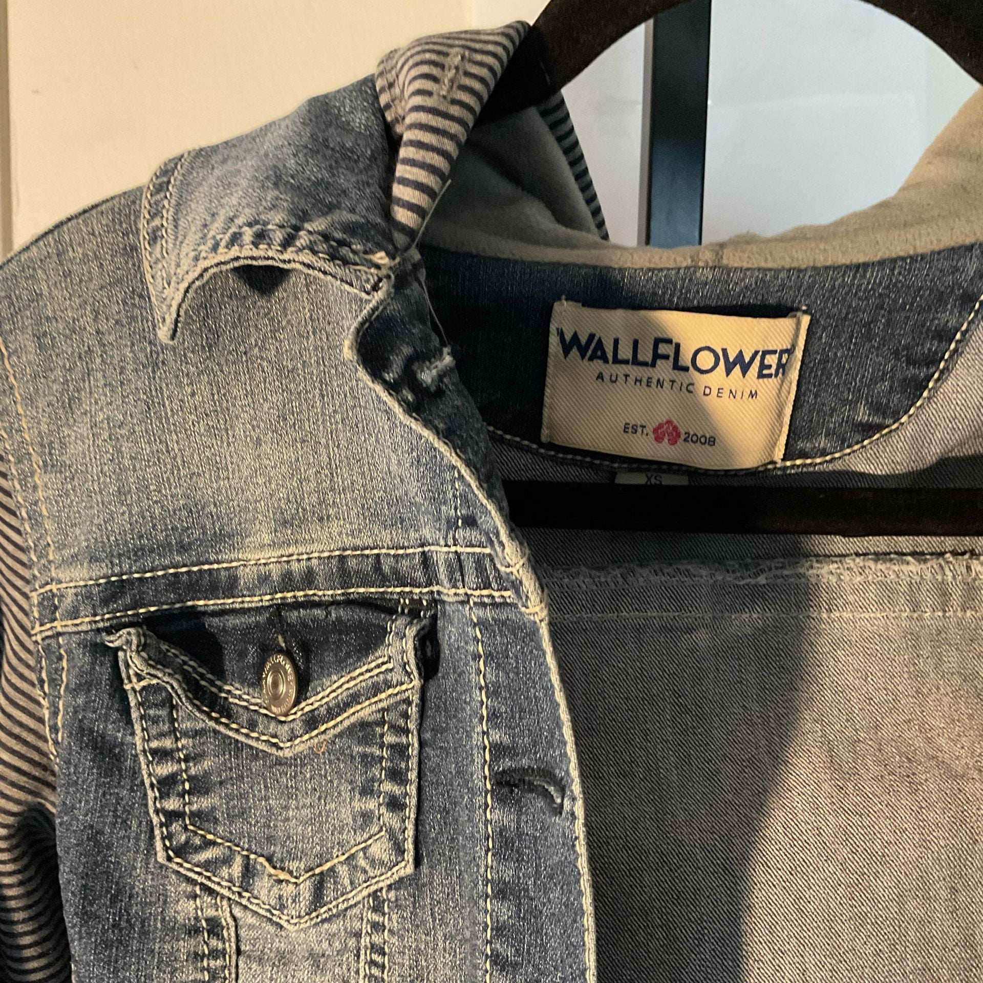 WallFlower Denim Jacket with Striped Knit Sleeves and Hood XS 3