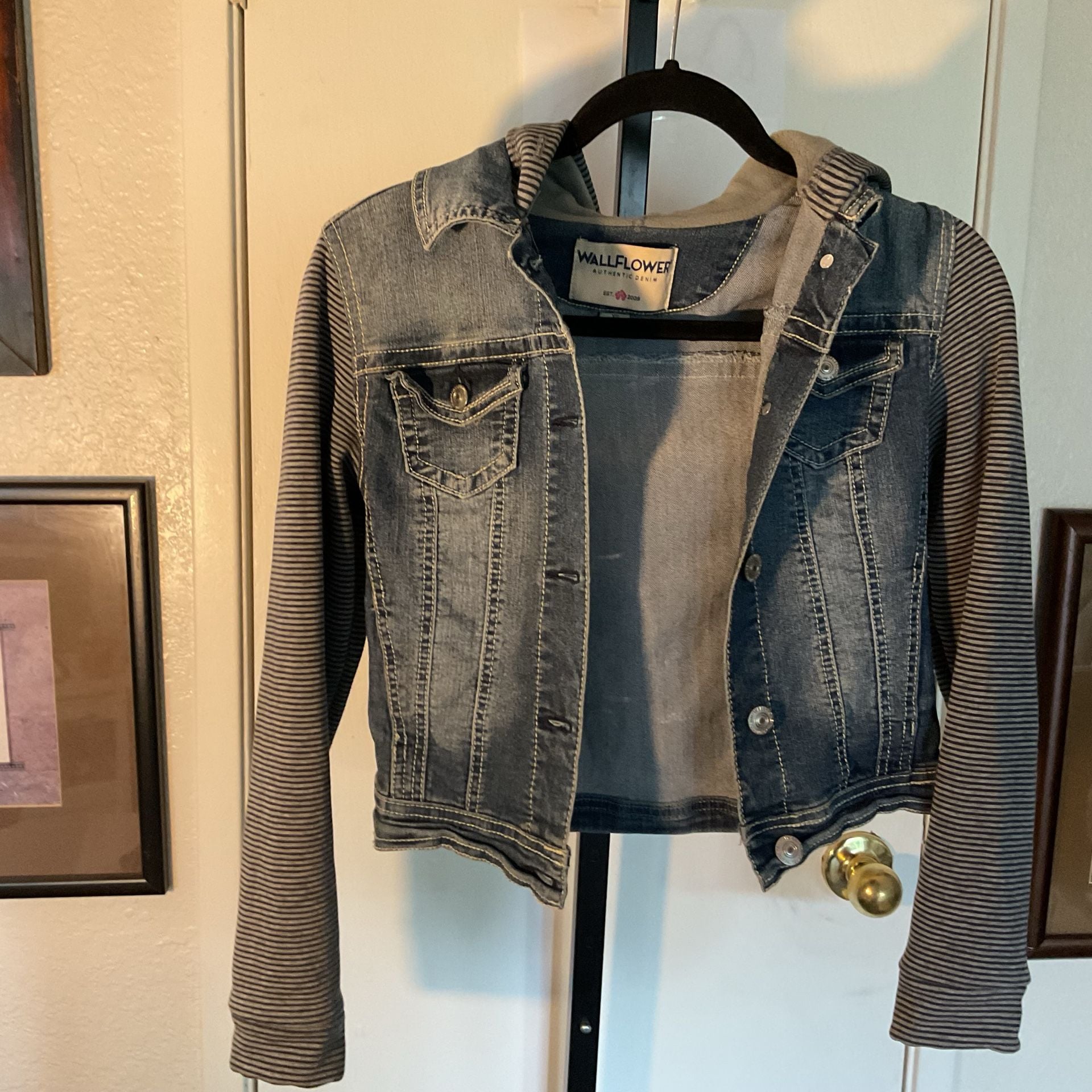 WallFlower Denim Jacket with Striped Knit Sleeves and Hood XS 4