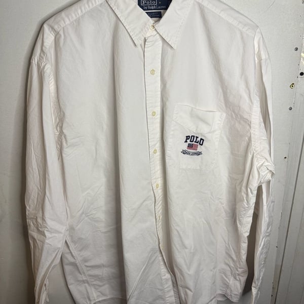 Vintage Polo Ralph Lauren Elliott White Long Sleeve Button Up Shirt USA Flag XL