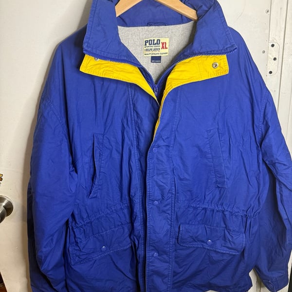 Vintage Polo Sporting Goods Ralph Lauren Blue Yellow Fleece Lined Jacket Size XL