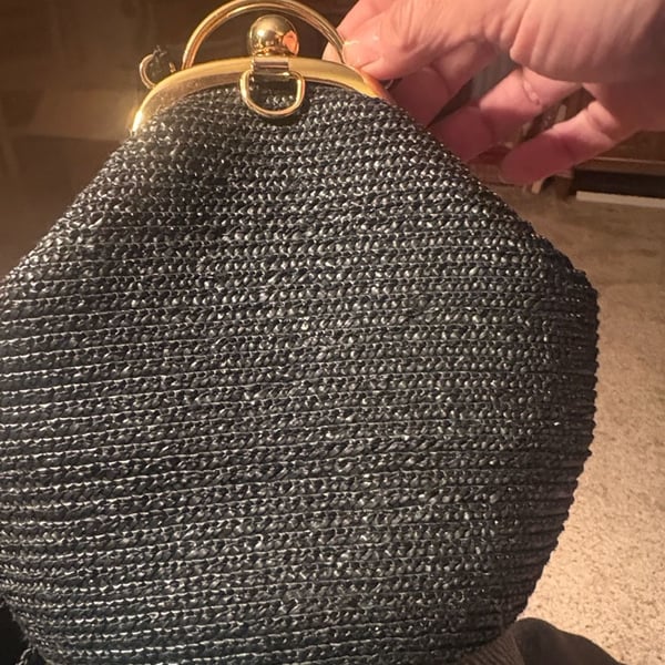 Vintage Black Woven Straw Crossbody Evening Bag with Gold Kiss Lock Frame