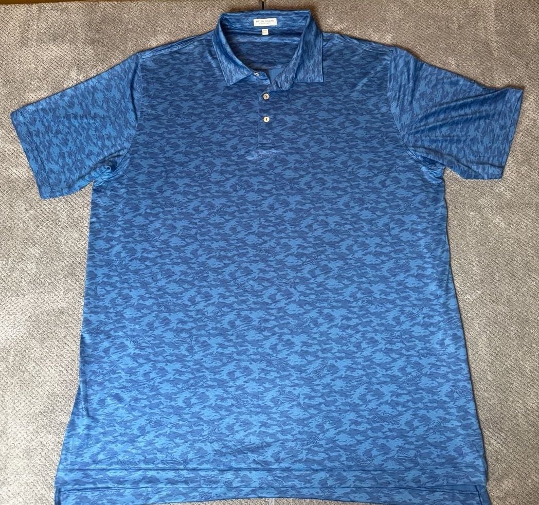 Peter Millar Summer Comfort Blue Fish Camo Print Golf Polo Shirt Men's XXL 1196 3