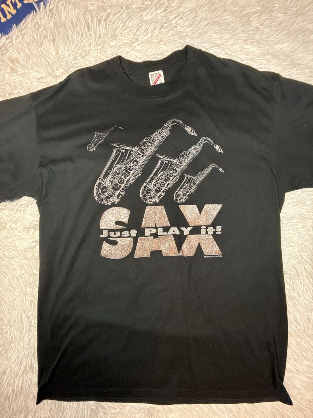 Vintage 1993 Jerzees Saxophone Just Play It Graphic T-Shirt Black XL 2