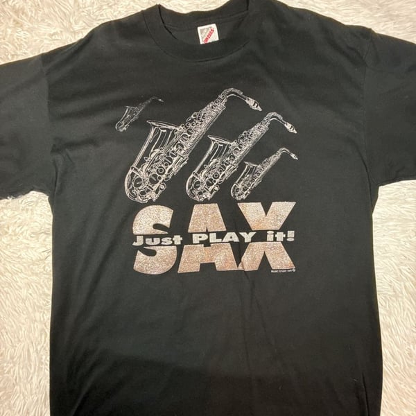 Vintage 1993 Jerzees Saxophone Just Play It Graphic T-Shirt Black XL
