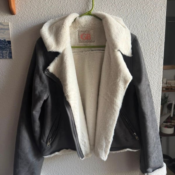 GB Grey Suede Sherpa Lined Biker Jacket Size L
