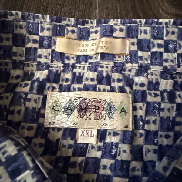 Campia Moda Vintage 100% Cotton Blue Geometric Pattern S/S Button Up Shirt XXL