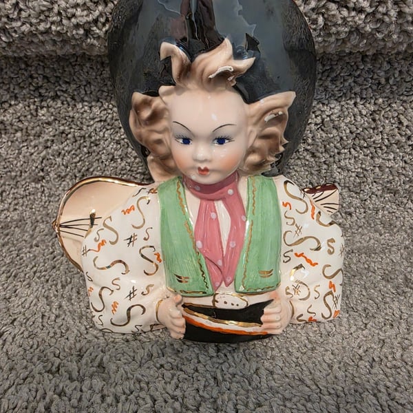 Vintage 1950s Giovanni Girardi Italy Art Pottery Banjo Girl Wall Pocket Planter missing planter