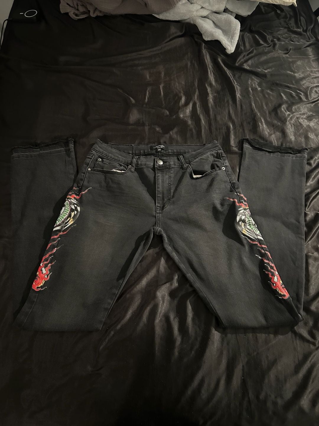 Ed Hardy Men's Black Denim Cobra Snake and Flame Print Jeans Size 32 2