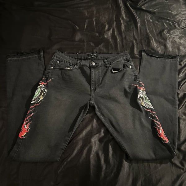 Ed Hardy Men's Black Denim Cobra Snake and Flame Print Jeans Size 32