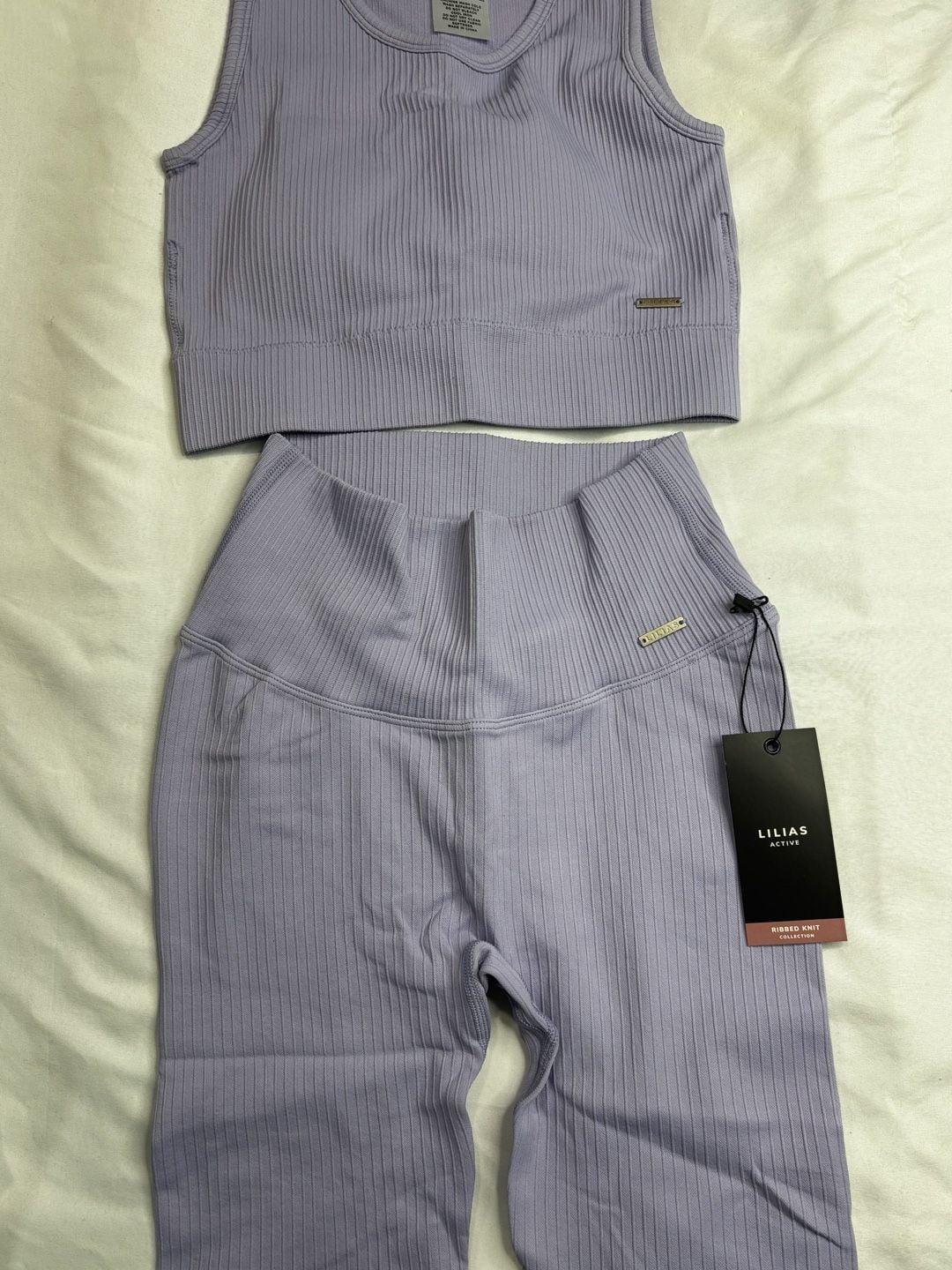 Lilias Active Ribbed Knit Set Lilac Longline Sports Bra and Bike Shorts Small 1