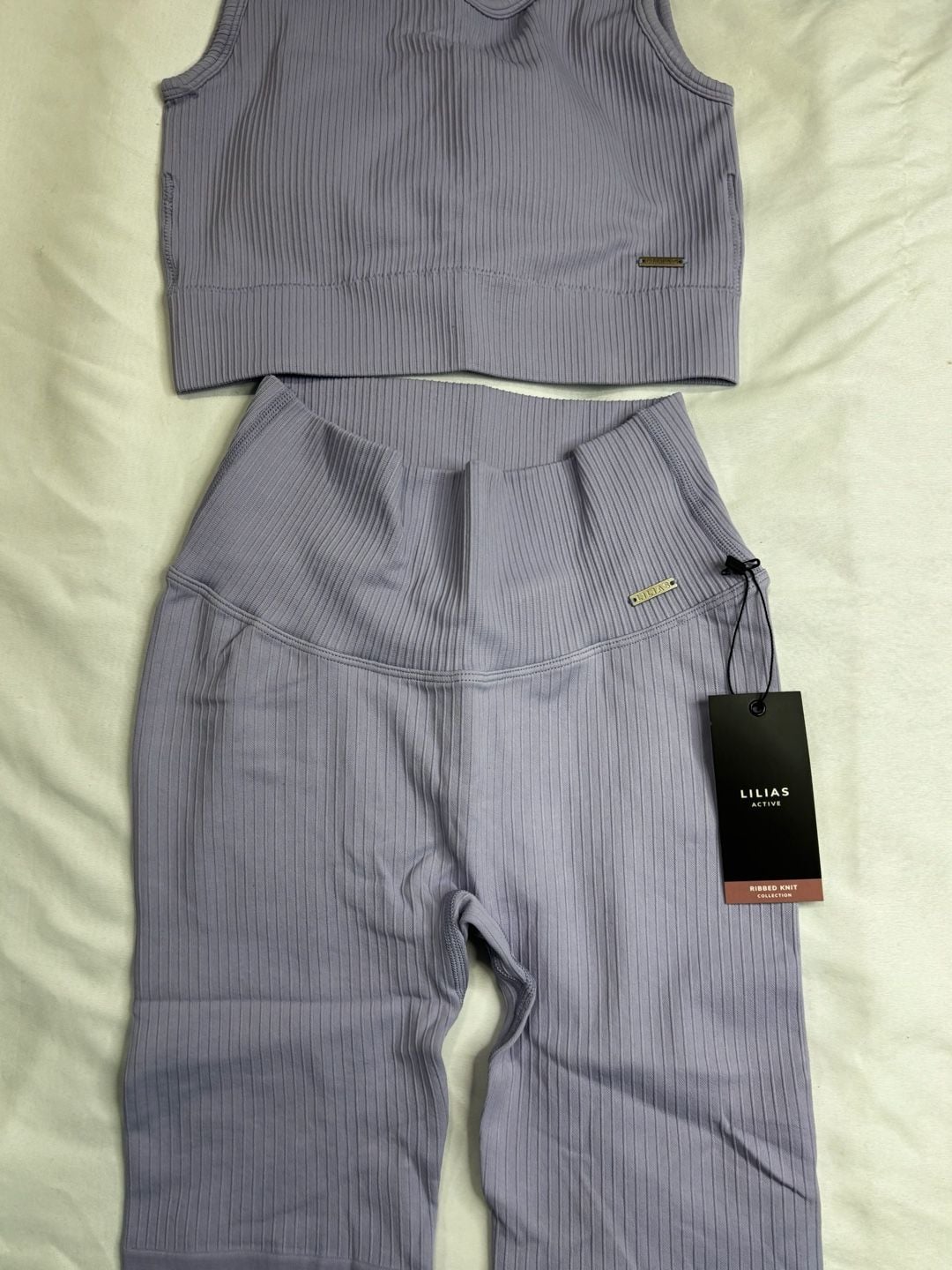 Lilias Active Ribbed Knit Set Lilac Longline Sports Bra and Bike Shorts Small 2