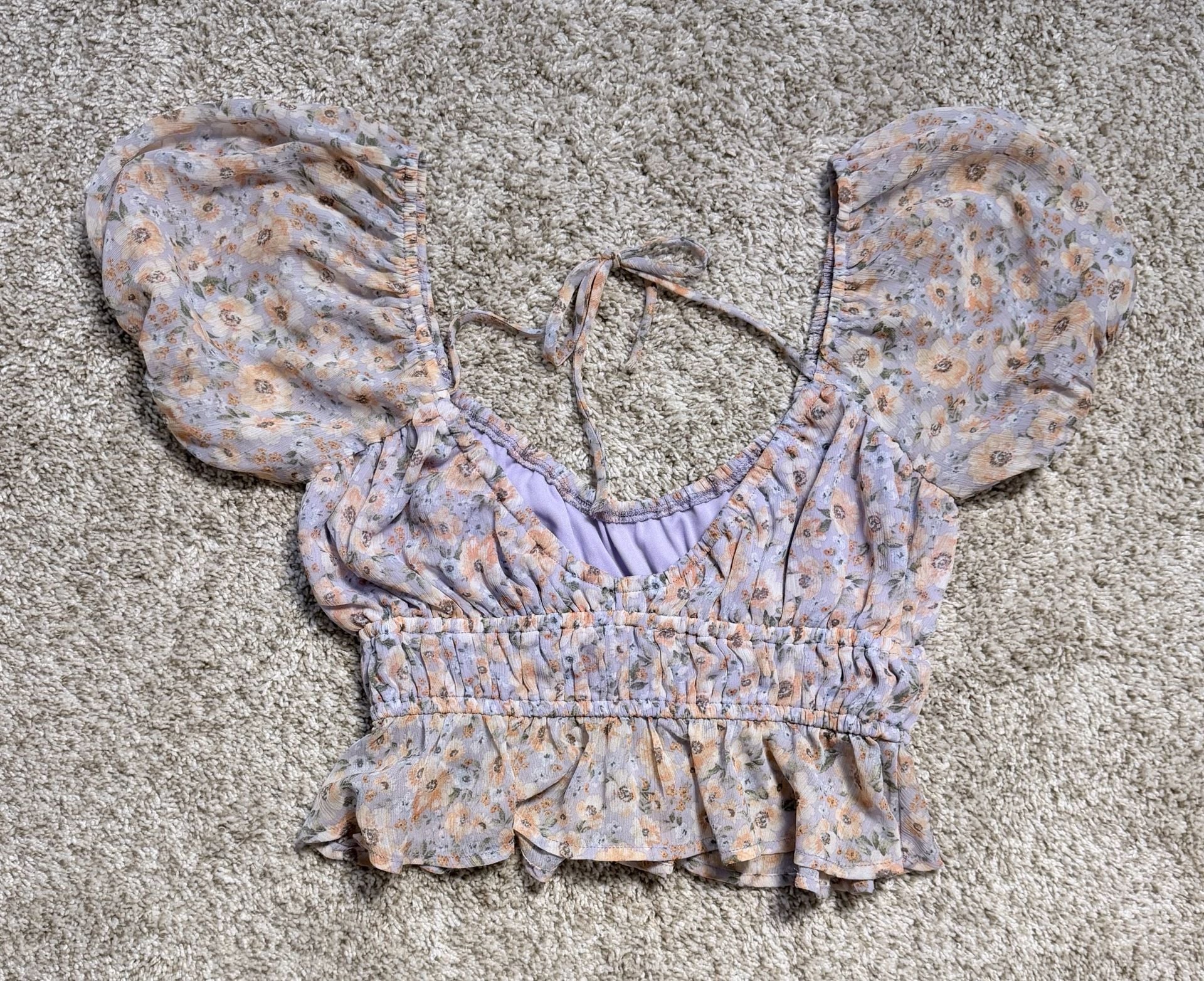 Altar'd State Floral Short Sleeve Smocked Crop Top Size XS 10