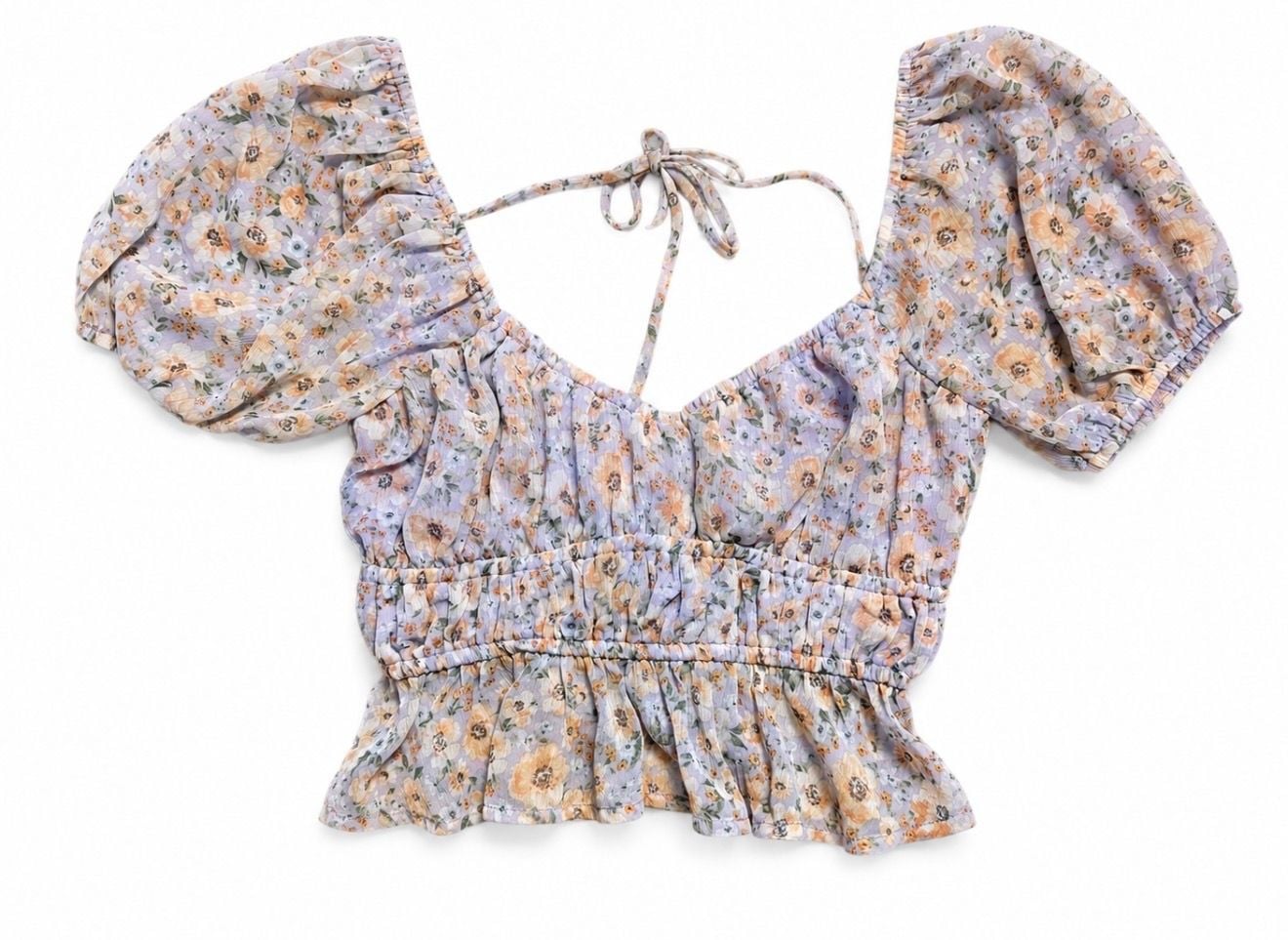 Altar'd State Floral Short Sleeve Smocked Crop Top Size XS 2