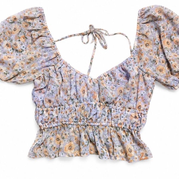 Altar'd State Floral Short Sleeve Smocked Crop Top Size XS