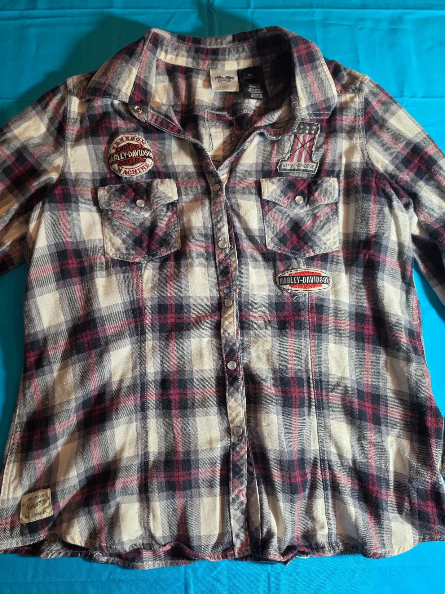 Harley-Davidson Women's Plaid Long Sleeve Snap Shirt with Patches XL 2