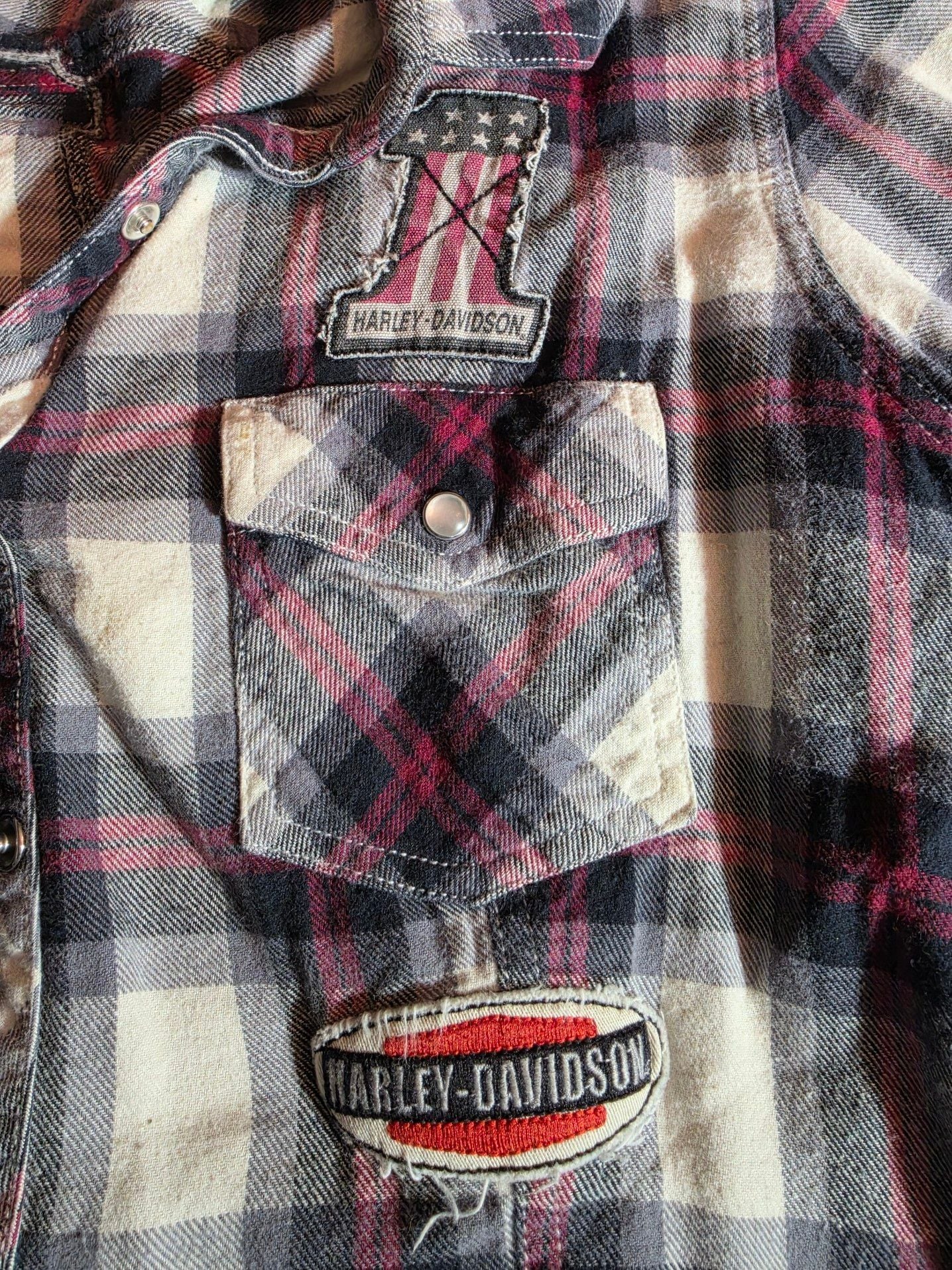 Harley-Davidson Women's Plaid Long Sleeve Snap Shirt with Patches XL 6