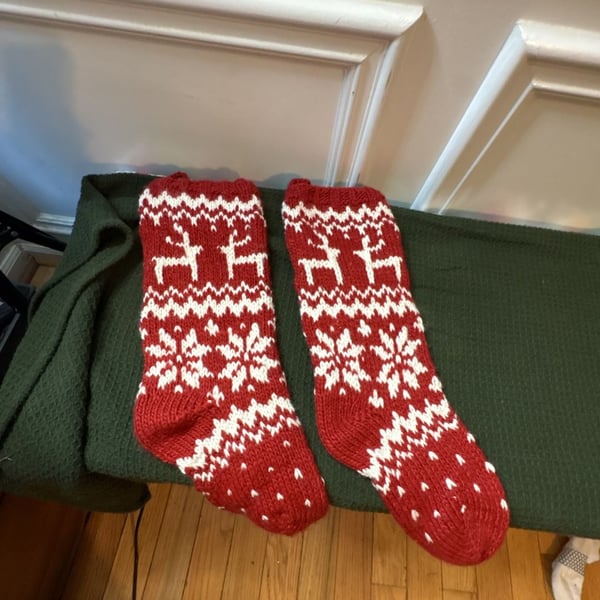 Red and White Knit Fair Isle Reindeer Christmas Stocking