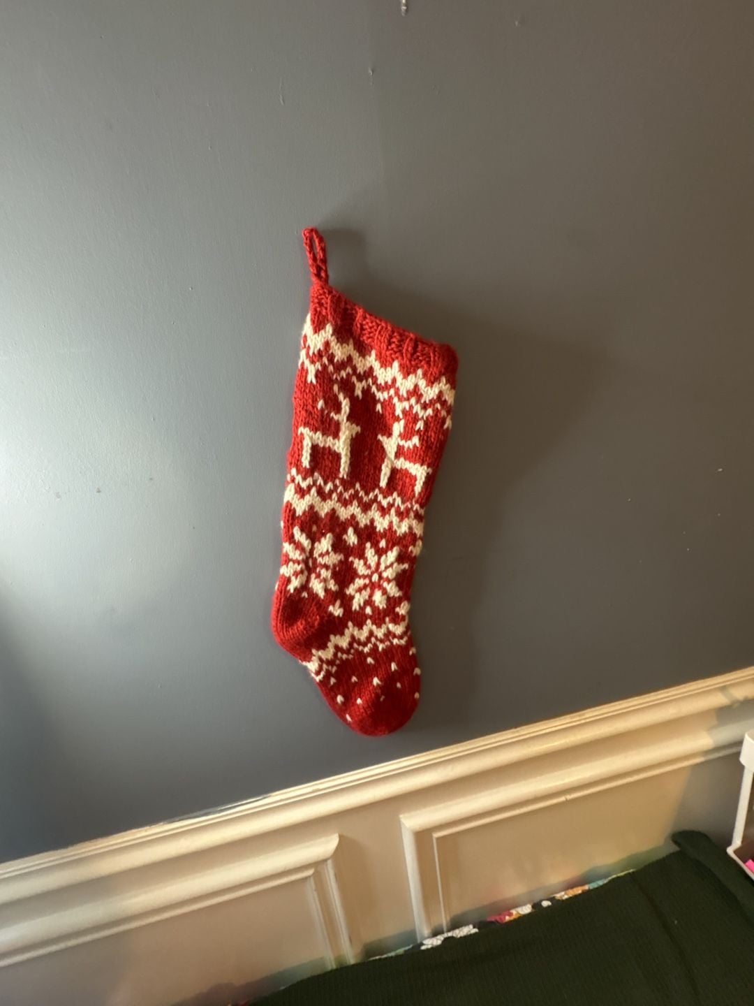 Red and White Knit Fair Isle Reindeer Christmas Stocking 2