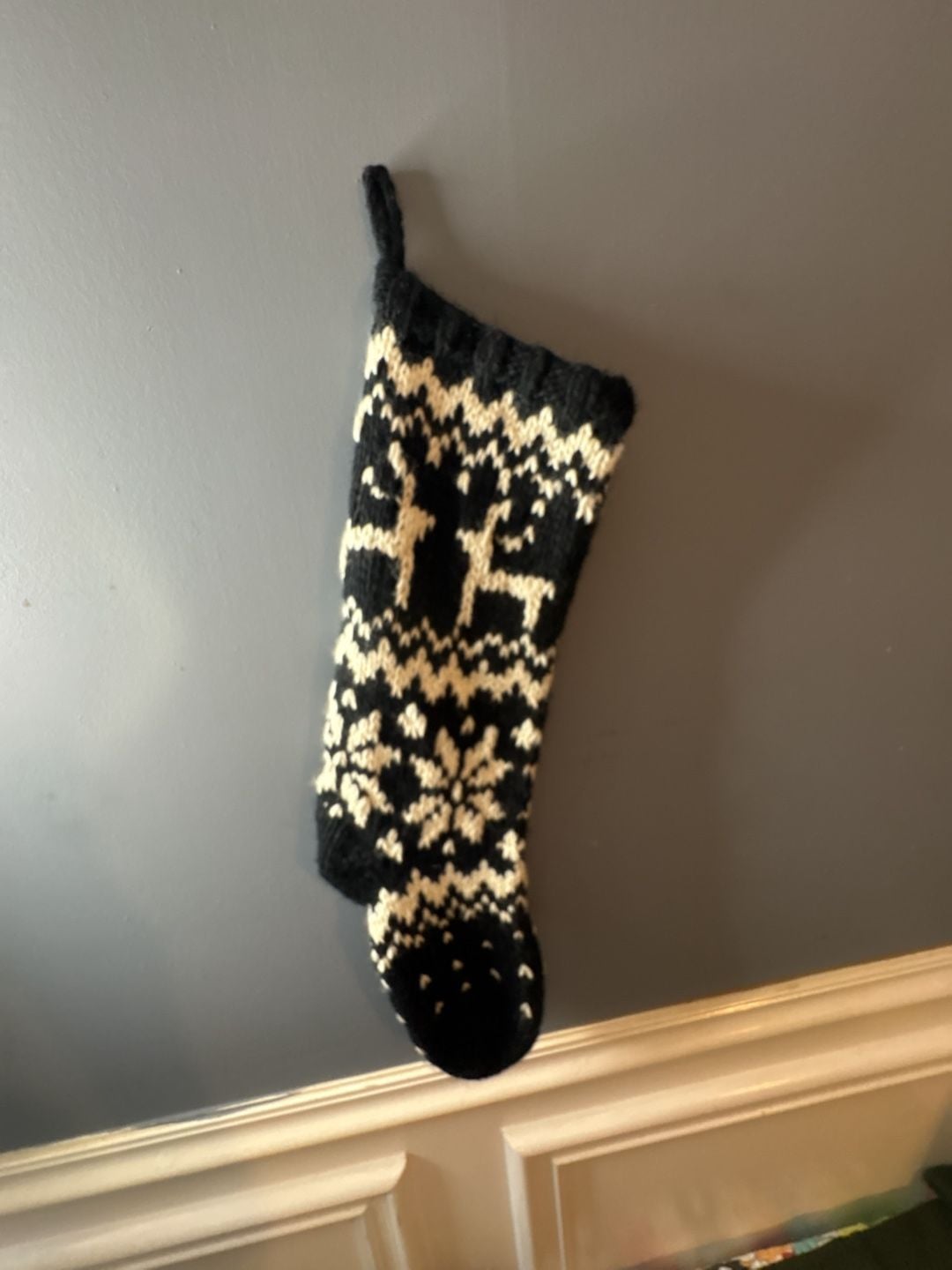 Black and White Reindeer and Snowflake Knit Christmas Stocking 3