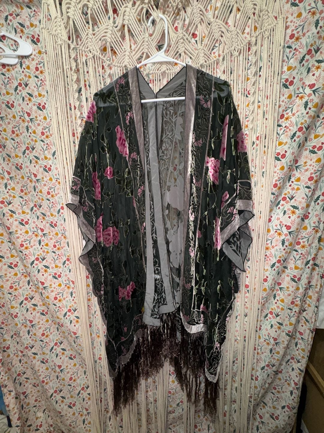 ETHOS Velvet Burnout Rose Kimono Duster Fringe Boho Floral Sheer One Size 2
